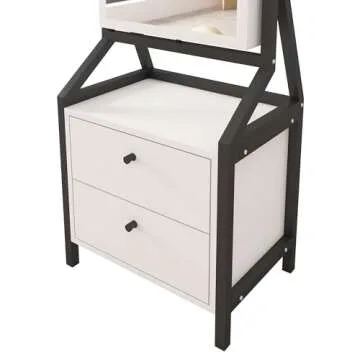 Veemuaro 360° Rotating Swivel Jewelry Armoire & Makeup Mirror Cabinet, 64.9" H Mirror Cabinet with 2 Bottom Drawers, Rear Magnetic Storage Box, Hand-Painted & Artisan White Finish