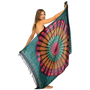 Vibrant Peacock Sarong Cover Up with Coconut Clip
