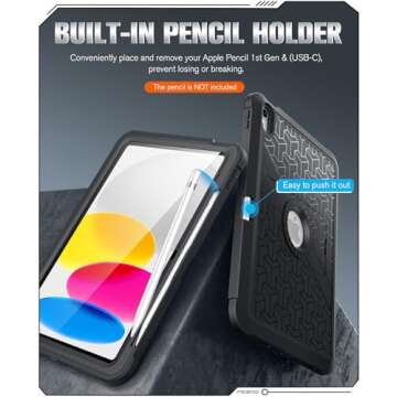 MoKo for iPad 10th Generation Case 2022 10.9 inch with Pencil Holder, Heavy Duty Shockproof Dual Layer Full Body Protective Cover, Built-in Screen Protector and Kickstand for iPad 10th Gen., Black