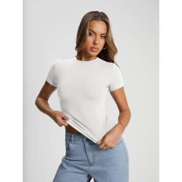 Trendy Queen Womens Summer Short Sleeve Workout Tops Crewneck Tight Solid Color Basic Tees Y2k Clothes Vacation Outfits 2024 White, Small