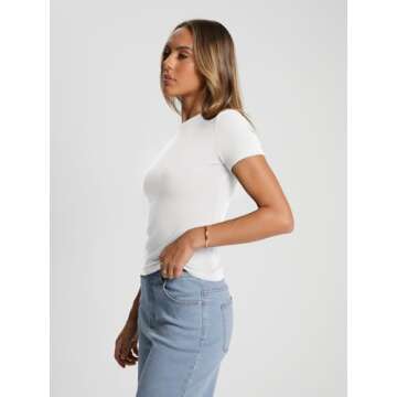 Trendy Queen Womens Summer Short Sleeve Workout Tops Crewneck Tight Solid Color Basic Tees Y2k Clothes Vacation Outfits 2024 White, Small