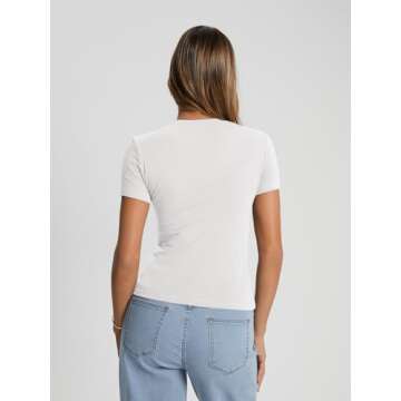 Trendy Queen Womens Summer Short Sleeve Workout Tops Crewneck Tight Solid Color Basic Tees Y2k Clothes Vacation Outfits 2024 White, Small