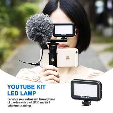 Smartphone Video Rig, Cell Phone Video Recording Kit Vlogging Stabilizer Equipment with Cardioid Microphone,Selfie LED Light, Solid Aluminum Cold Shoe Extension Bar Compatible with iPhone Smartphones