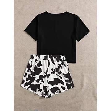 SOLY HUX Women's Cute Cartoon Print Sleepwear Short Sleeve Tee with Shorts Pajama Set Black Cow Lett...