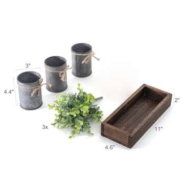 Dahey Decorative Galvanized Metal Pots Centerpiece Decor Wood Tray with Artificial Flowers, 3 Buckets with Eucalyptus, Rustic Farmhouse Home Decor for Coffee Table Dining Room Living Room Kitchen Bathroom