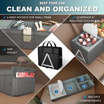 K KNODEL Sturdy Car Trunk Organizer with Premium Insulation Cooler Bag, Heavy Duty Collapsible for Car, SUV, Truck, or Van (3 Compartments, Black)