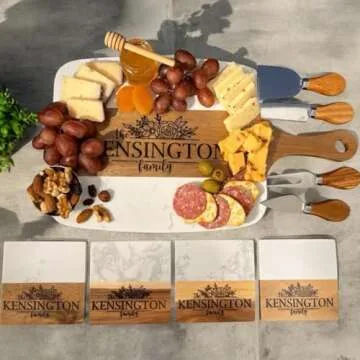Personalized Marble Wood Charcuterie Board with Serving Tools and Coasters-Anniversary Wedding Gift Bridal Shower Engagement Housewarming Gift-Natural Acacia Engraved Charcuterie Board (Personalized)