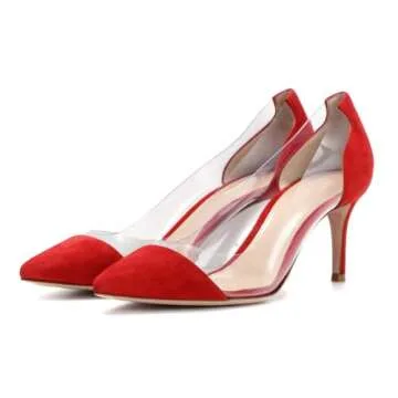 Stylish SAMMITOP Women's Closed Toe Kitten Heel Pumps - Transparent Shoes in Red Suede