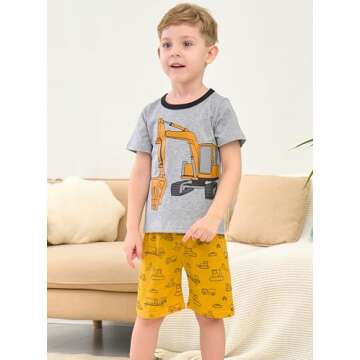 Popshion Boys Excavator Pajamas Summer Short Sets Toddler Pjs Cotton Jammies Truck Pj Clothes Kids S...