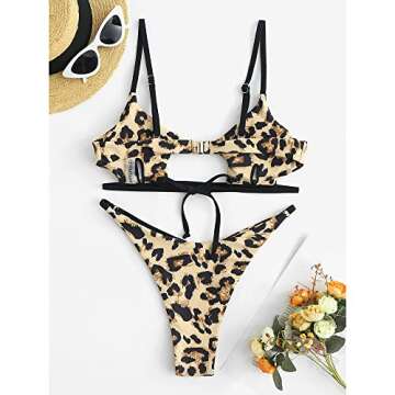 ZAFUL Women's Sexy Cutout Bikini Thong Bikini Set Animal Print Bathing Suit Tie Back Two Piece Swimsuit Bathing Suit (4-Light Coffee,S)