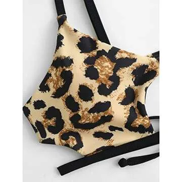 ZAFUL Women's Sexy Cutout Bikini Thong Bikini Set Animal Print Bathing Suit Tie Back Two Piece Swimsuit Bathing Suit (4-Light Coffee,S)