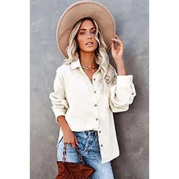 CHYRII Women's Corduroy Shirts Casual Oversized Button Down Shacket Long Sleeve Shirts Blouse Tops with Pockets