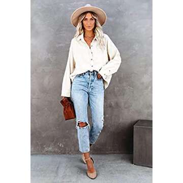 CHYRII Women's Corduroy Shirts Casual Oversized Button Down Shacket Long Sleeve Shirts Blouse Tops with Pockets