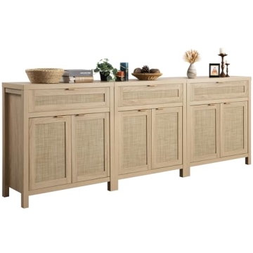SICOTAS Sideboard Buffet Storage Cabinet Set of 3, Rattan Credenza Buffet Table, Boho Console Accent...