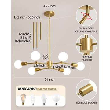 HAHZT Sputnik Chandelier Gold Mid Century Modern Chandelier 6-Light Adjustable Pendant Lighting Bedroom, Dining Room Ceiling Light Fixture