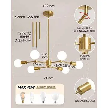 HAHZT Sputnik Chandelier Gold Mid Century Modern Chandelier 6-Light Adjustable Pendant Lighting Bedroom, Dining Room Ceiling Light Fixture