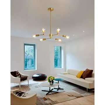 HAHZT Sputnik Chandelier Gold Mid Century Modern Chandelier 6-Light Adjustable Pendant Lighting Bedroom, Dining Room Ceiling Light Fixture