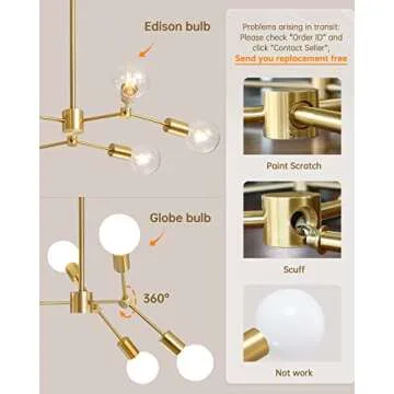 HAHZT Sputnik Chandelier Gold Mid Century Modern Chandelier 6-Light Adjustable Pendant Lighting Bedroom, Dining Room Ceiling Light Fixture