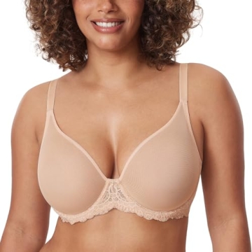 DELIMIRA Women's Sheer Mesh Bra Plus Size Sexy Full Coverage Underwire Unlined 42D Beige
