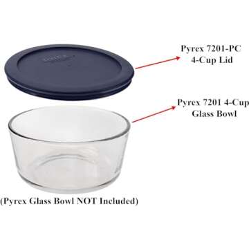 Pyrex Bundle - 4 Items: 7201-PC 4-Cup Blue Round Plastic Lids - Original Genuine Pyrex - Made In The USA