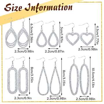 6 Pairs Silver Rhinestone Dangling Earrings for Women Bling Teardrop Dangle Earrings Sets Boho Fashion Jewelry for Women Wedding Prom Party Birthday