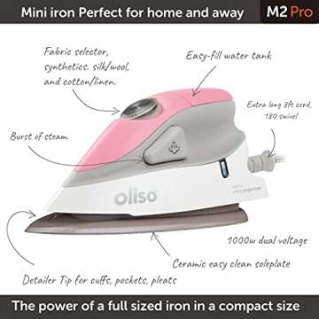 Oliso M2 Mini Project Steam Iron with Solemate - for Sewing, Quilting, Crafting, and Travel | 1000 Watt Dual Voltage Ceramic Soleplate Steam Iron, Pink