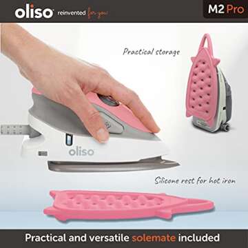 Oliso M2 Mini Project Steam Iron with Solemate - for Sewing, Quilting, Crafting, and Travel | 1000 Watt Dual Voltage Ceramic Soleplate Steam Iron, Pink