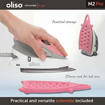 Oliso M2 Mini Project Steam Iron with Solemate - for Sewing, Quilting, Crafting, and Travel | 1000 Watt Dual Voltage Ceramic Soleplate Steam Iron, Pink