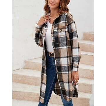 Himosyber Women's Casual Plaid Lapel Woolen Button Up Pocketed Long Shacket Coat (Brown-S)