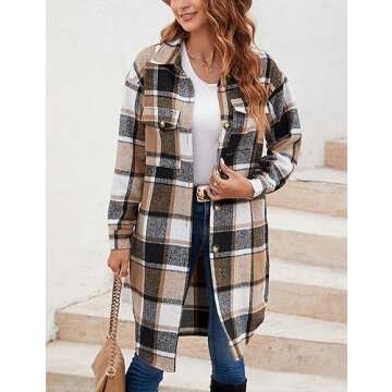 Himosyber Women's Casual Plaid Lapel Woolen Button Up Pocketed Long Shacket Coat (Brown-S)