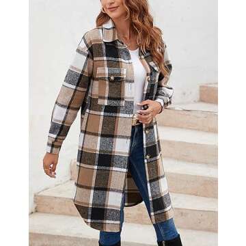 Himosyber Women's Casual Plaid Lapel Woolen Button Up Pocketed Long Shacket Coat (Brown-S)