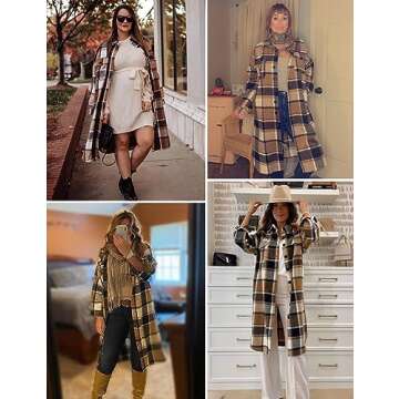 Himosyber Women's Casual Plaid Lapel Woolen Button Up Pocketed Long Shacket Coat (Brown-S)