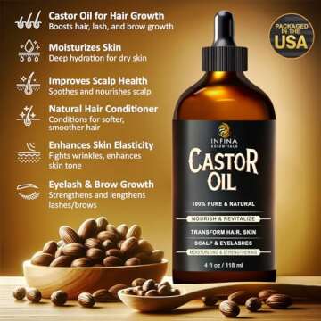 INFINA ESSENTIALS Pure Cold Pressed Hexane-Free Castor Oil - Glass Bottle for Hair Growth, Face, Sca...
