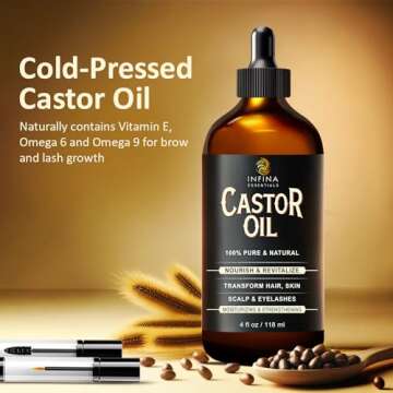 INFINA ESSENTIALS Pure Cold Pressed Hexane-Free Castor Oil - Glass Bottle for Hair Growth, Face, Scalp, Skin & Eyelashes - Nourishing & Moisturizing - 4 fl oz