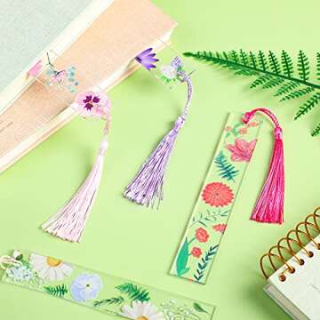 Outus 8 Sets Flower Acrylic Bookmarks Transparent Acrylic Cute Floral Bookmarks with Colorful Tassels for Women Teacher Book Lovers, 8 Styles