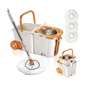 MASTERTOP Flat Floor Mop and Bucket Set - Hands Free Mop Bucket with Wringer Set, 5 Reusable and Washable Microfiber Dust Mop Pads, Stainless Steel Handle Mop Cleaning Bucket,for home,kitchen,Hardwood