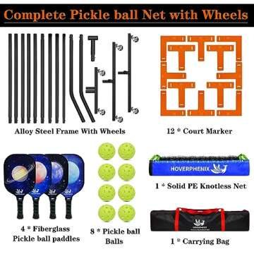 Pickleball Net Set with Wheels, Portable Pickleball Net with Fiberglass Paddles Set of 4, Outdoor Pi...