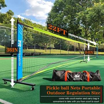Pickleball Net Set with Wheels, Portable Pickleball Net with Fiberglass Paddles Set of 4, Outdoor Pickleballs, Court Marking Kit and Carrying Bag for Home, Driveway, Backyard