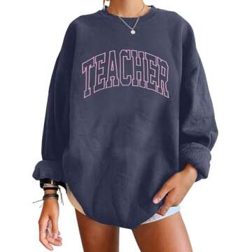 BANGELY Teacher Sweatshirt Women Oversized Retro Teach Crewneck Shirt Embroidery Teacher Life Pullover Long Sleeve Tops Blue