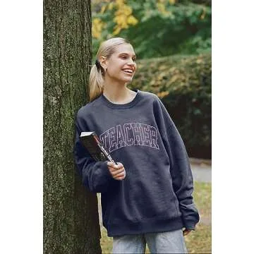 BANGELY Teacher Sweatshirt Women Oversized Retro Teach Crewneck Shirt Embroidery Teacher Life Pullover Long Sleeve Tops Blue
