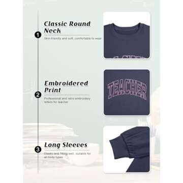 BANGELY Teacher Sweatshirt Women Oversized Retro Teach Crewneck Shirt Embroidery Teacher Life Pullover Long Sleeve Tops Blue