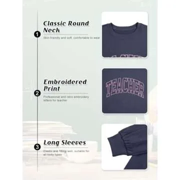 BANGELY Teacher Sweatshirt Women Oversized Retro Teach Crewneck Shirt Embroidery Teacher Life Pullover Long Sleeve Tops Blue
