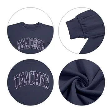BANGELY Teacher Sweatshirt Women Oversized Retro Teach Crewneck Shirt Embroidery Teacher Life Pullover Long Sleeve Tops Blue