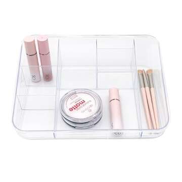 SUNFICON Makeup Tray Organizer Cosmetic Display Case Office Stationery Storage Holder Countertop Storage Unit Makeup Box for Bathroom Drawers,Vanities Office Desk,Washable Crystal Clear Acrylic