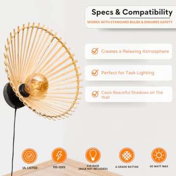 Journee Home 16" Rattan Wall Sconce, Rattan Light Fixture Boho Wall Sconce, Bamboo Woven Rattan Sconce Wall Hanging Decoration for Kitchen, Living Room, Dining Room, Bedroom