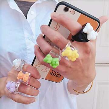 2/6Pcs Cute Candy Color Resin Tiny Gummy Bear Ring Sweet Resin Acrylic Heart Ring Set for Women Party Birthday Jewelry Gifts (E 8Pcs)