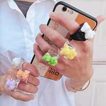 2/6Pcs Cute Candy Color Resin Tiny Gummy Bear Ring Sweet Resin Acrylic Heart Ring Set for Women Party Birthday Jewelry Gifts (E 8Pcs)