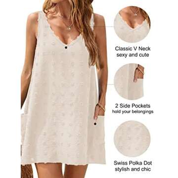 Blooming Jelly Womens Casual Sun Summer Dresses Swiss Polka Dot Beach Cover Up V Neck Tank Dress with Pockets
