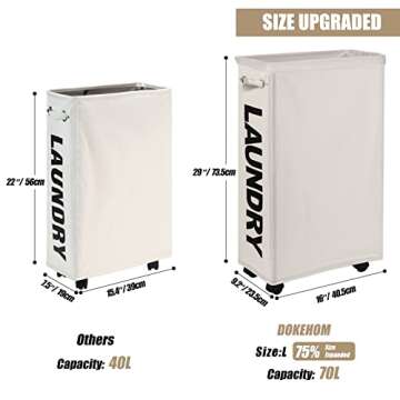 DOKEHOM 29-Inches Enlarged Slim Laundry Basket with Removable Wash Bag on Wheels, Collapsible Rolling Laundry Hamper, Foldable Narrow Corner Clothes Storage Bins (Beige)