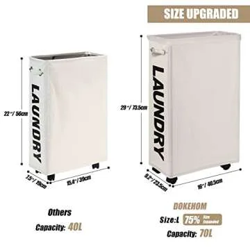 DOKEHOM 29-Inches Enlarged Slim Laundry Basket with Removable Wash Bag on Wheels, Collapsible Rolling Laundry Hamper, Foldable Narrow Corner Clothes Storage Bins (Beige)